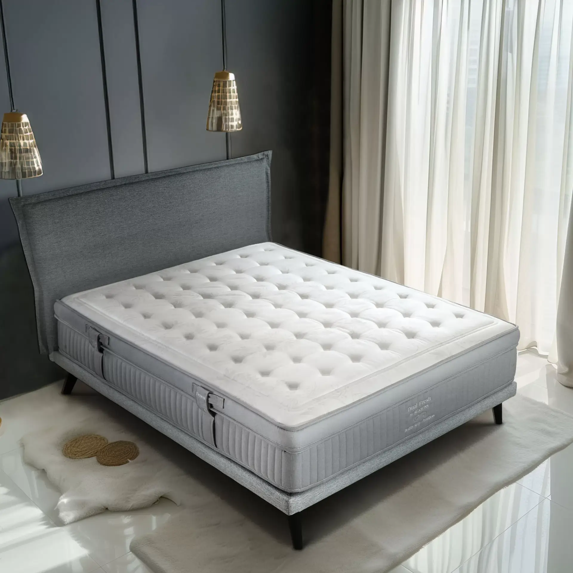 imagen de colchón dual fresh en una habitación lujosa en tonos grises oscuros y beige